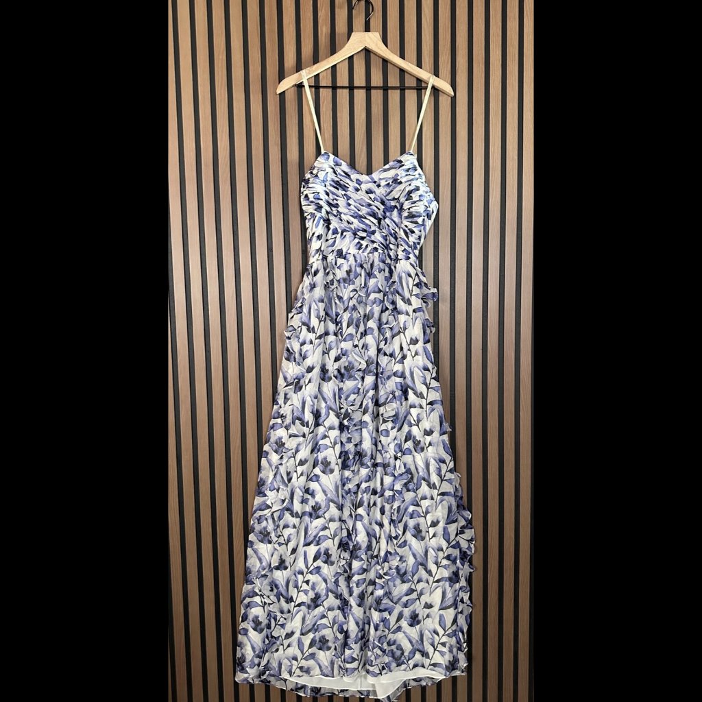 Shoshanna Dress 10 Womens Blue White Maxi Ruffled Sleeveless 100% Silk Back Zip